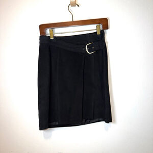 Vintage Suede wrap Ann Taylor Black Suede Mini Skirt with brass Buckle Size 6